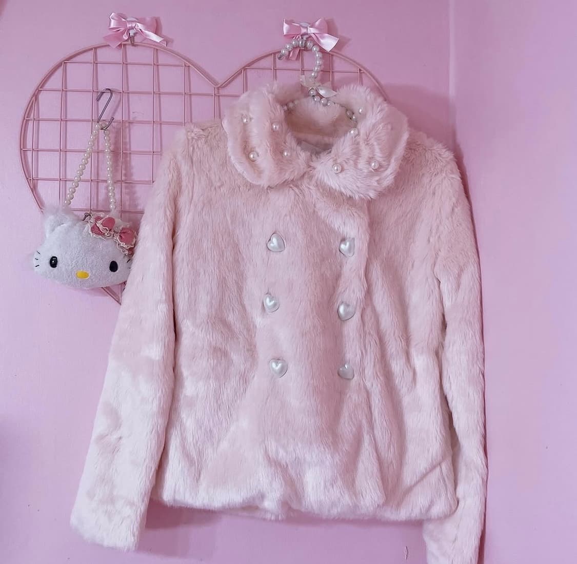 (교환) 디어리 진주 하트 버튼 핑크 퍼 코트 히메갸루 상품이미지2