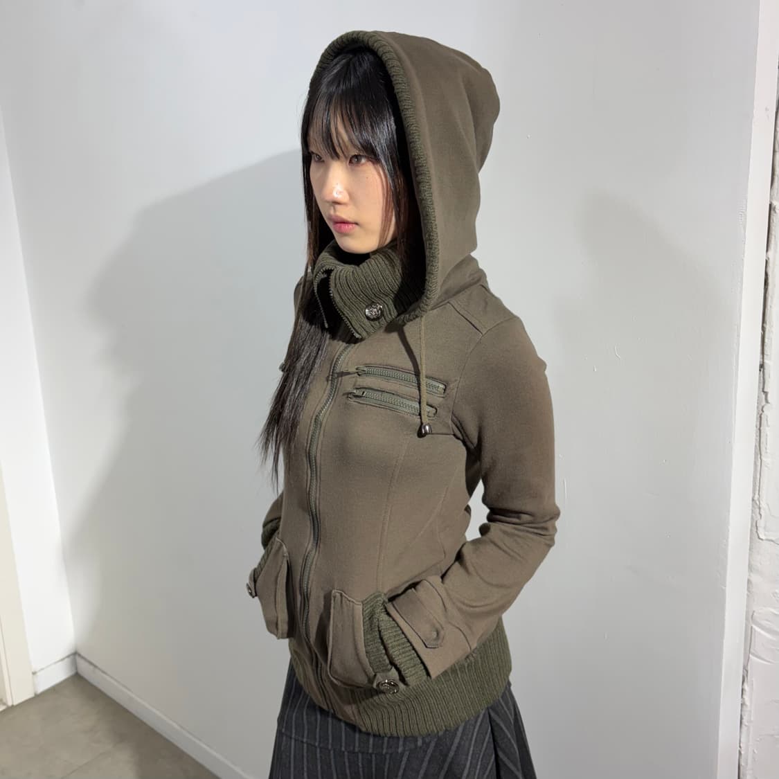 Livin alone  y2k 카키 니트 후드집업 상품이미지1