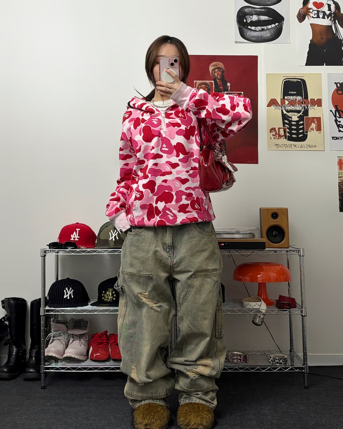 베이프 ABC 핑크 카모 샤크 하프집업 후디 상품이미지4