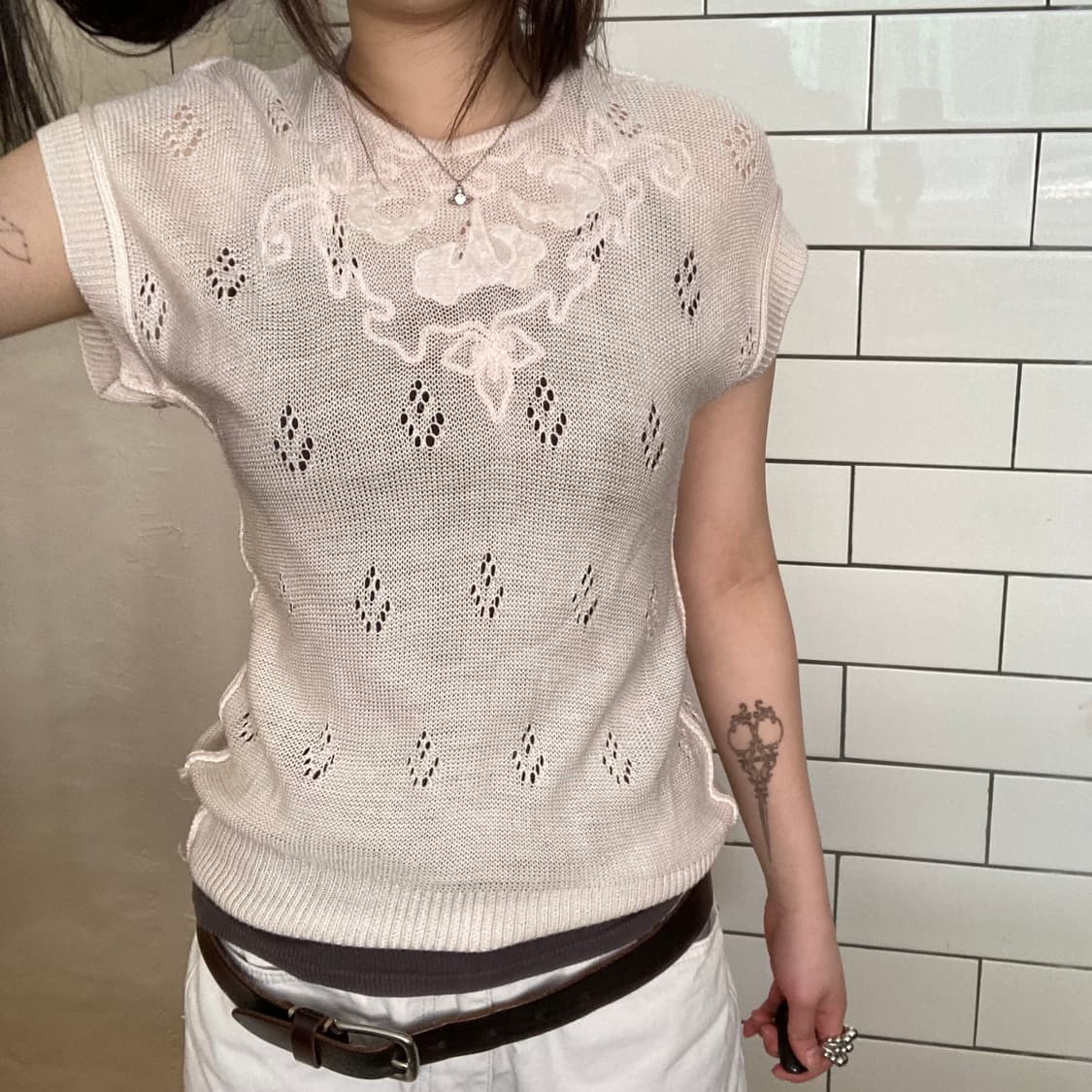 빈티지 연핑크 반팔 니트티 상품이미지3