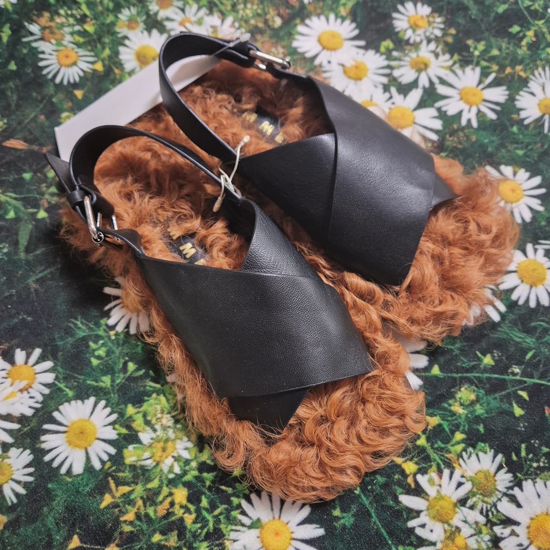 일본 REMME 블랙 가죽 퍼 샌들 37 새상품 상품이미지1