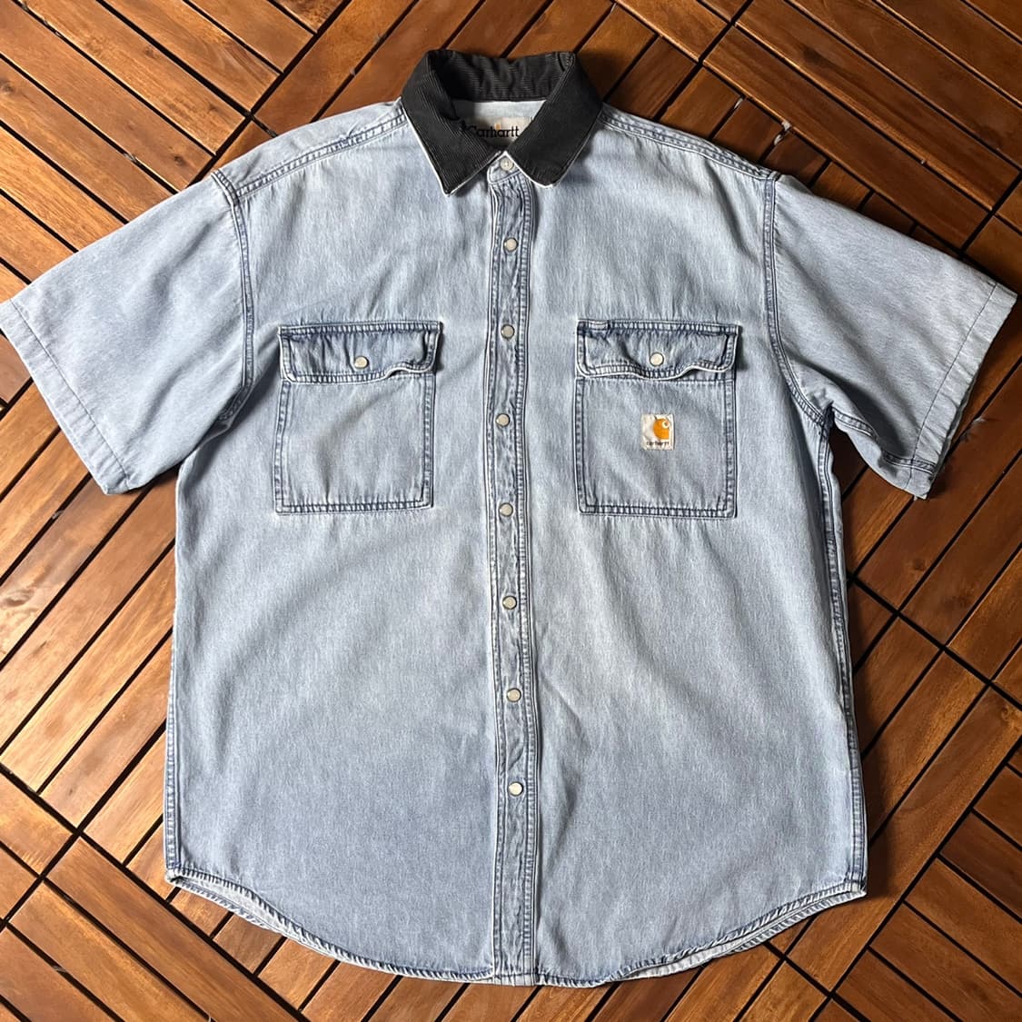 [2XL]칼하트 리메이크 연청 데님 반팔 셔츠 상품이미지3