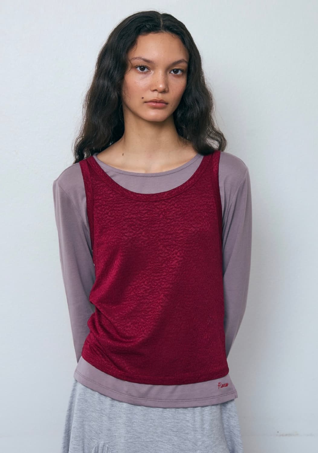 파이시스 플로럴 메쉬 슬리브리스 탑 버건디 상품이미지1