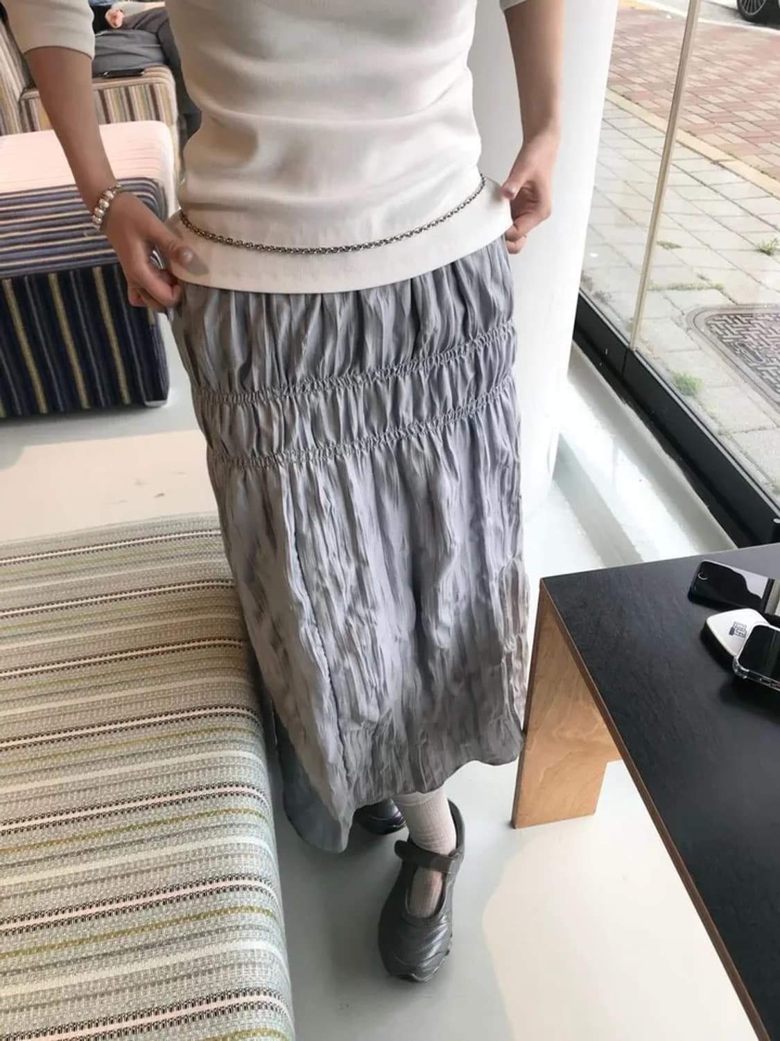 베락 벌룬 롱 밴딩 스커트 블루 그레이 실버 상품이미지2