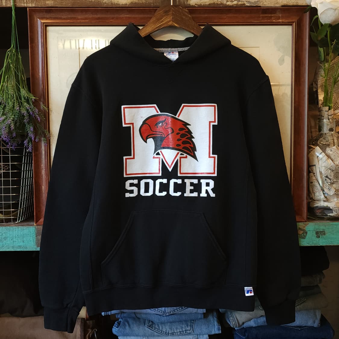 90s 러셀 후드 스웻셔츠 싸커 미국 오리지널 빈티지 레터링 블랙 XL 상품이미지1