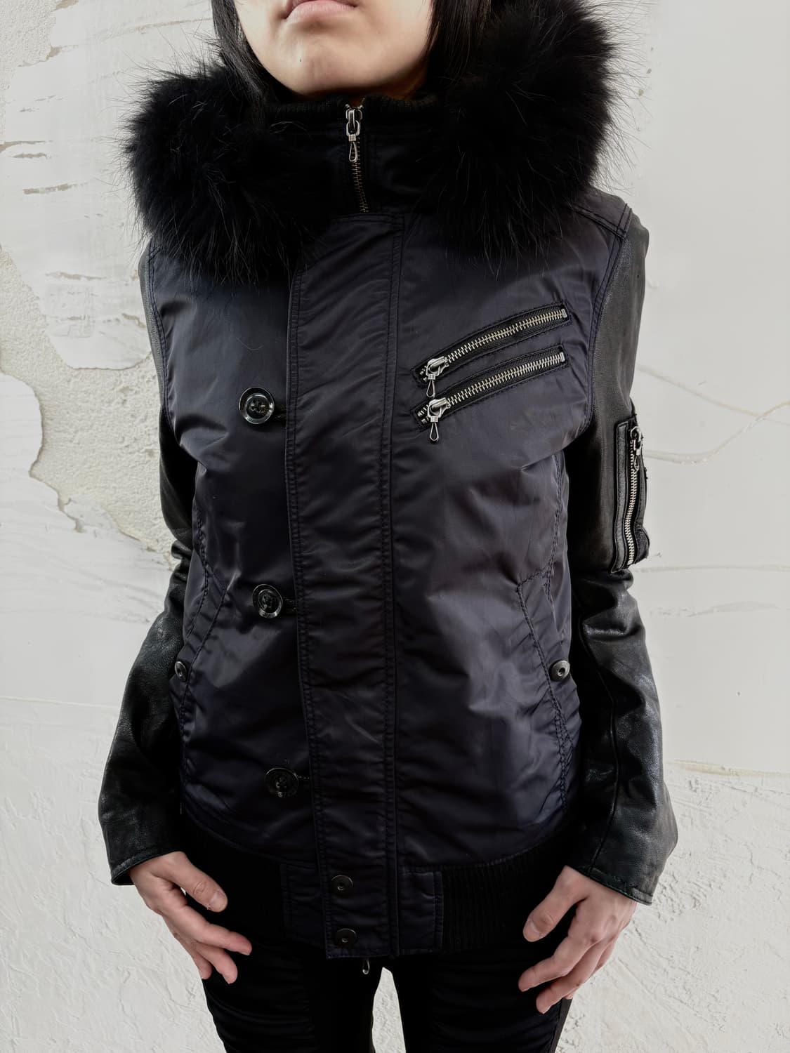 “FUGA"leather fur navy Bomber jacket 상품이미지1