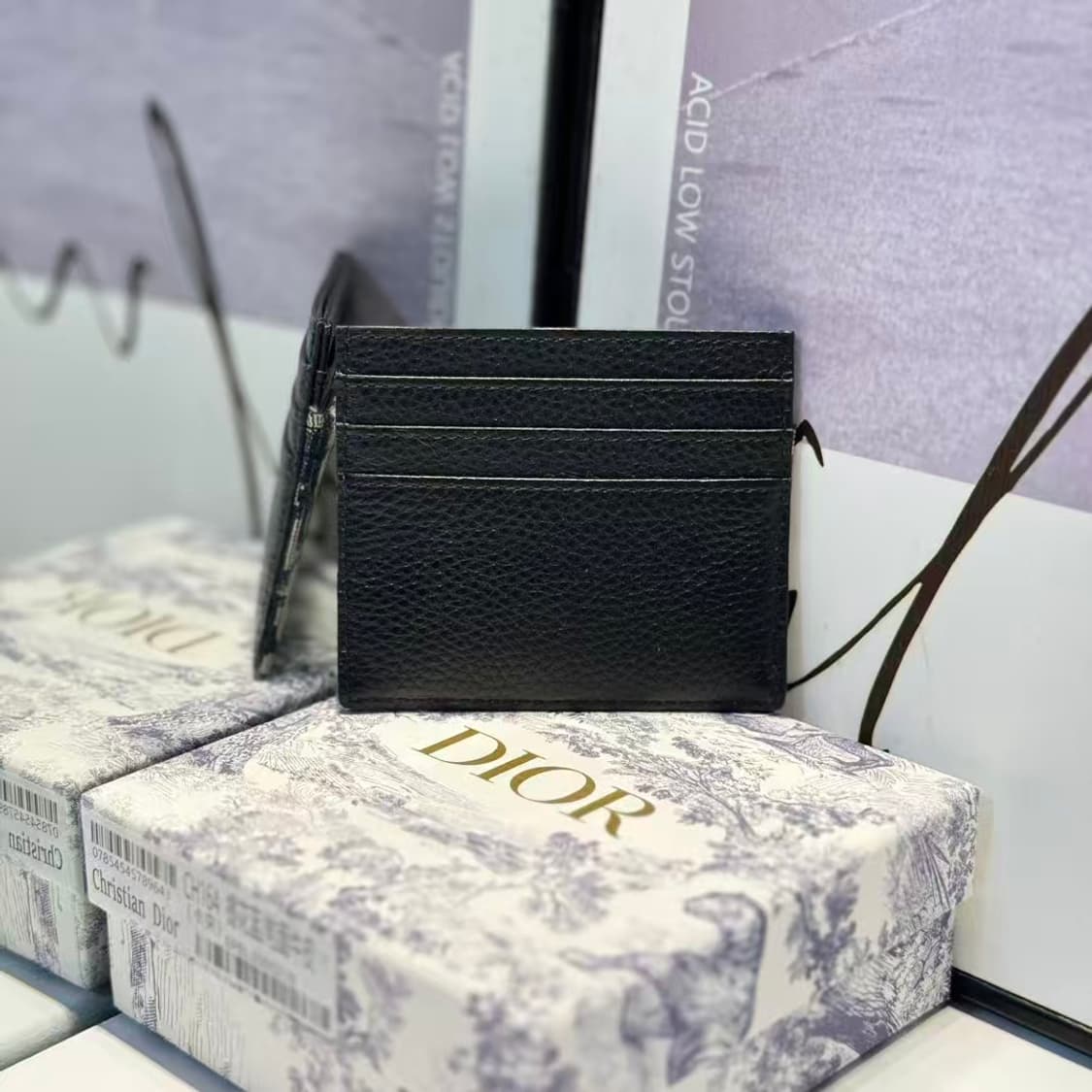  카드 홀더 블랙 그레인드 카프스킨 베이지 블랙 디올 오블리크 자카드 상품이미지5