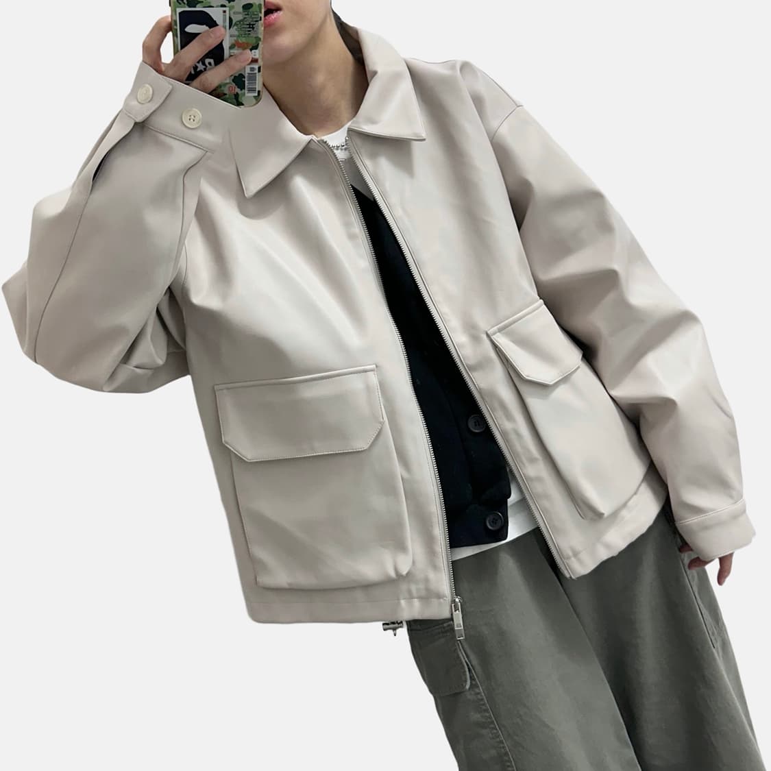 아이러니포르노 투웨이 카라넥 비건레더 자켓 상품이미지2