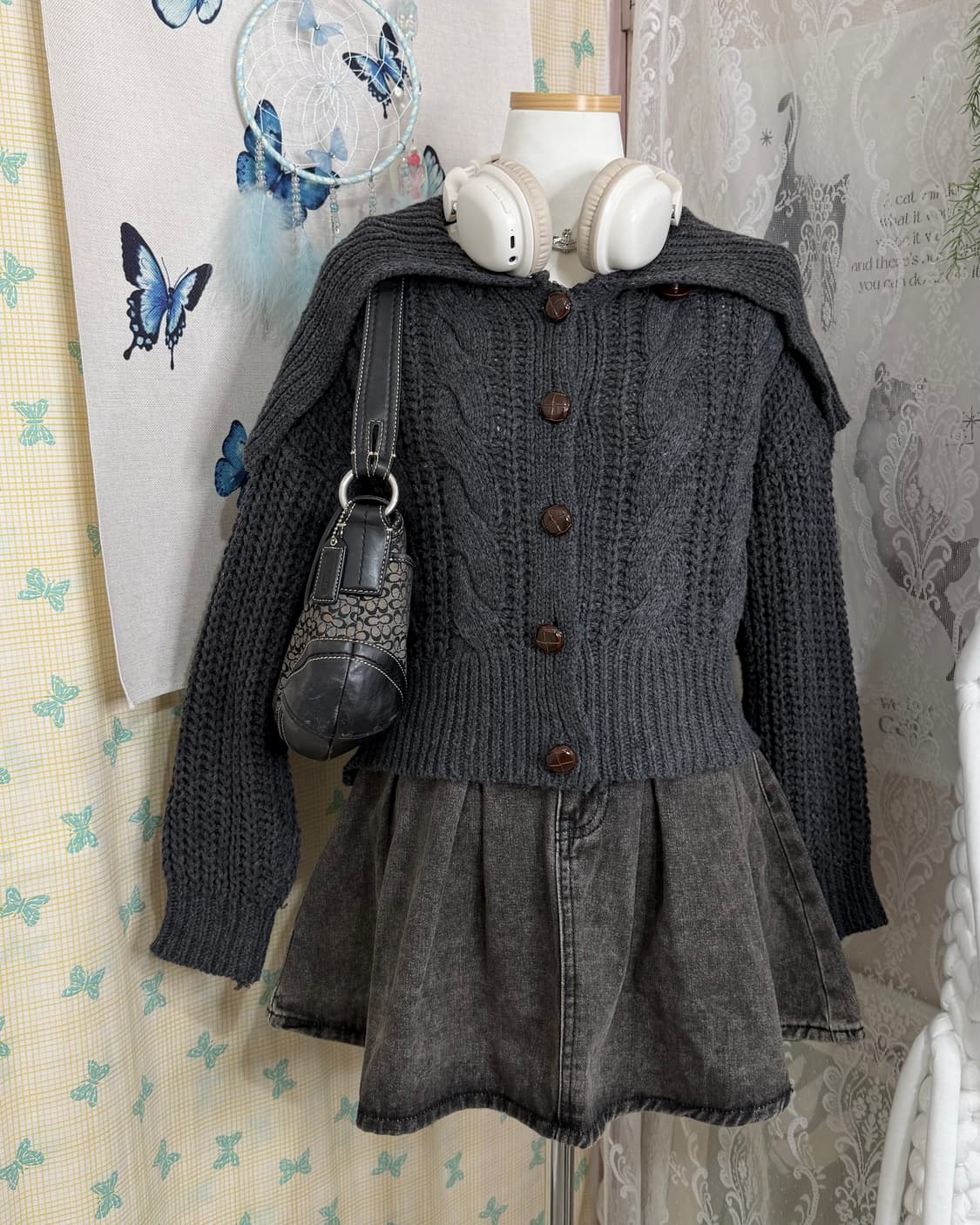 차콜 그레이 꽈배기 빅 카라 가디건 상품이미지4