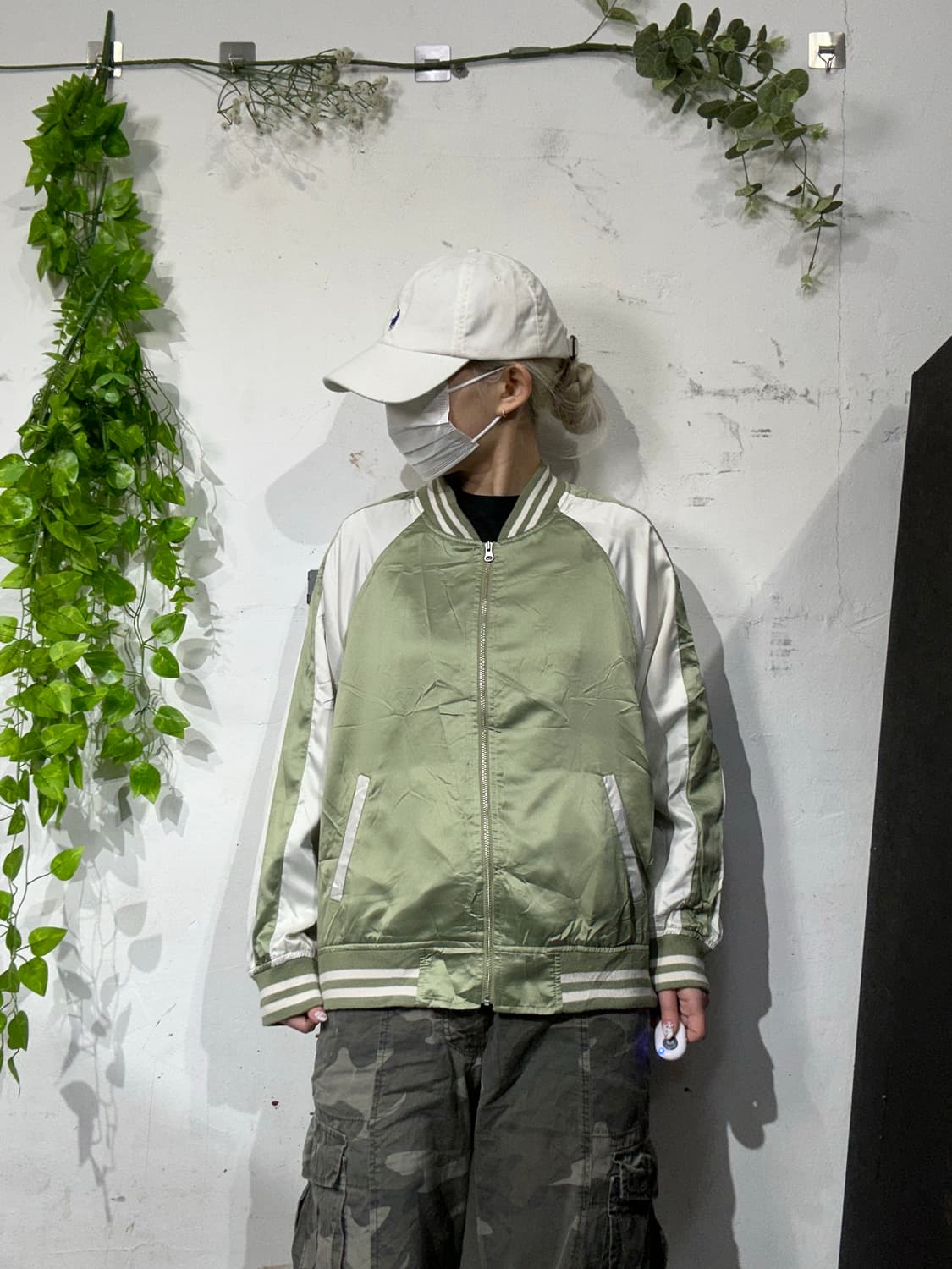 일본 빈티지 카키 화이트 스카잔 야구 잠바 L 상품이미지2