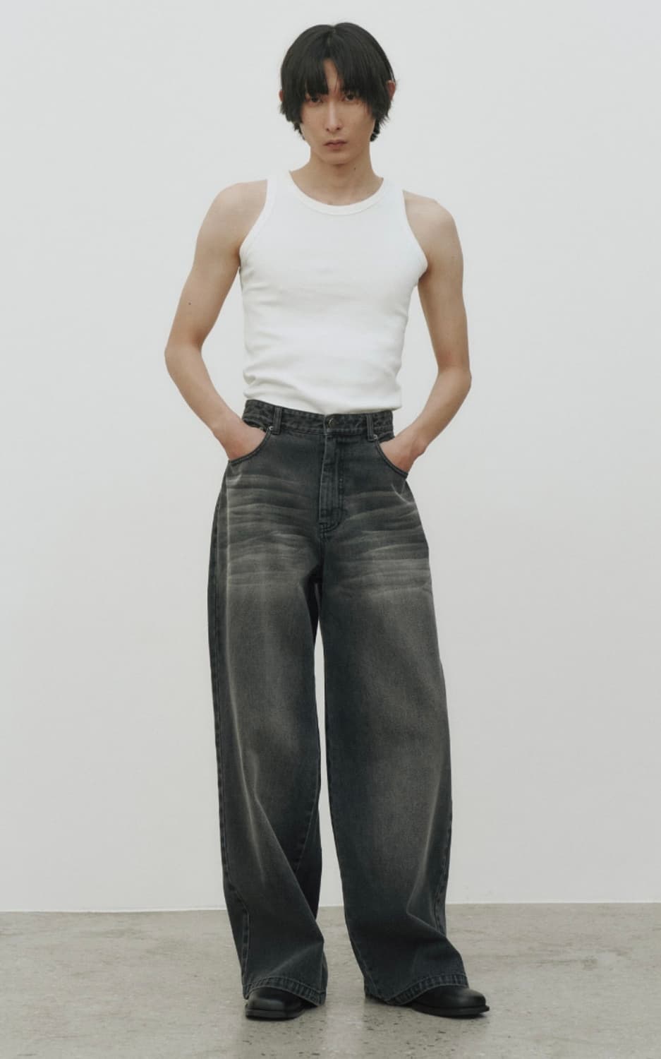 노이어 블랙 캣워싱 와이드 데님 팬츠 52 상품이미지3