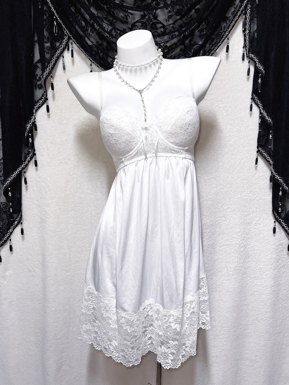퓨어 화이트 레이스 새틴 슬립 탑원피스 란제리 코르셋 갸루 엔젤릭 페어리 상품이미지7