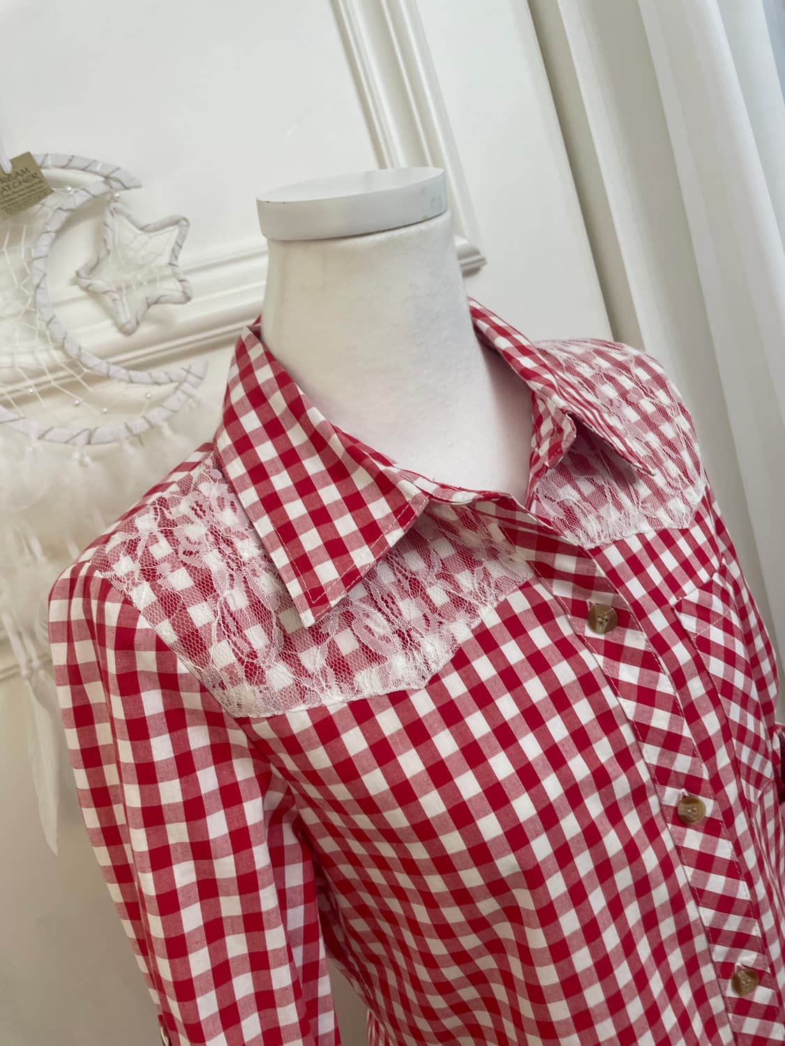 red gingham check lace point shirt 상품이미지8