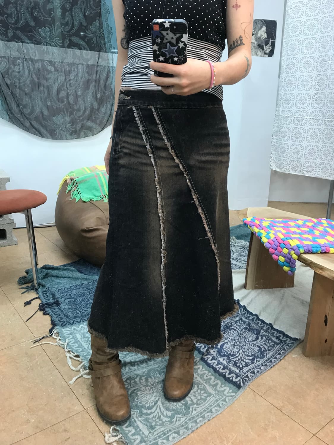 빈티지 보헤미안 흑청 데님스커트  상품이미지1