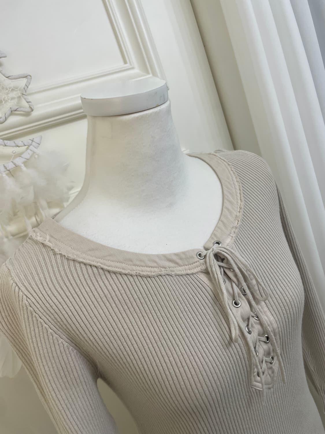 beige lace-up basic rib knit top(size-2) 상품이미지7