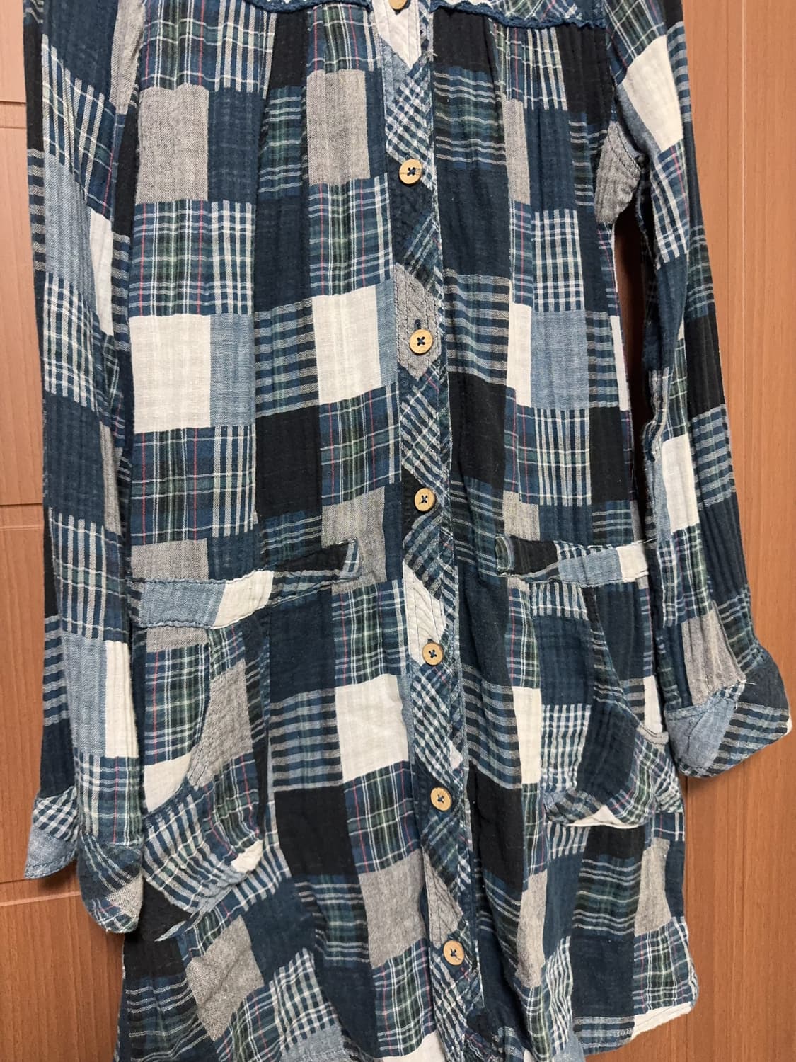 모리걸 하구미 일본 빈티지 블루 체크 패치워크 둥근카라 홍콩 셔츠 원피스 상품이미지4