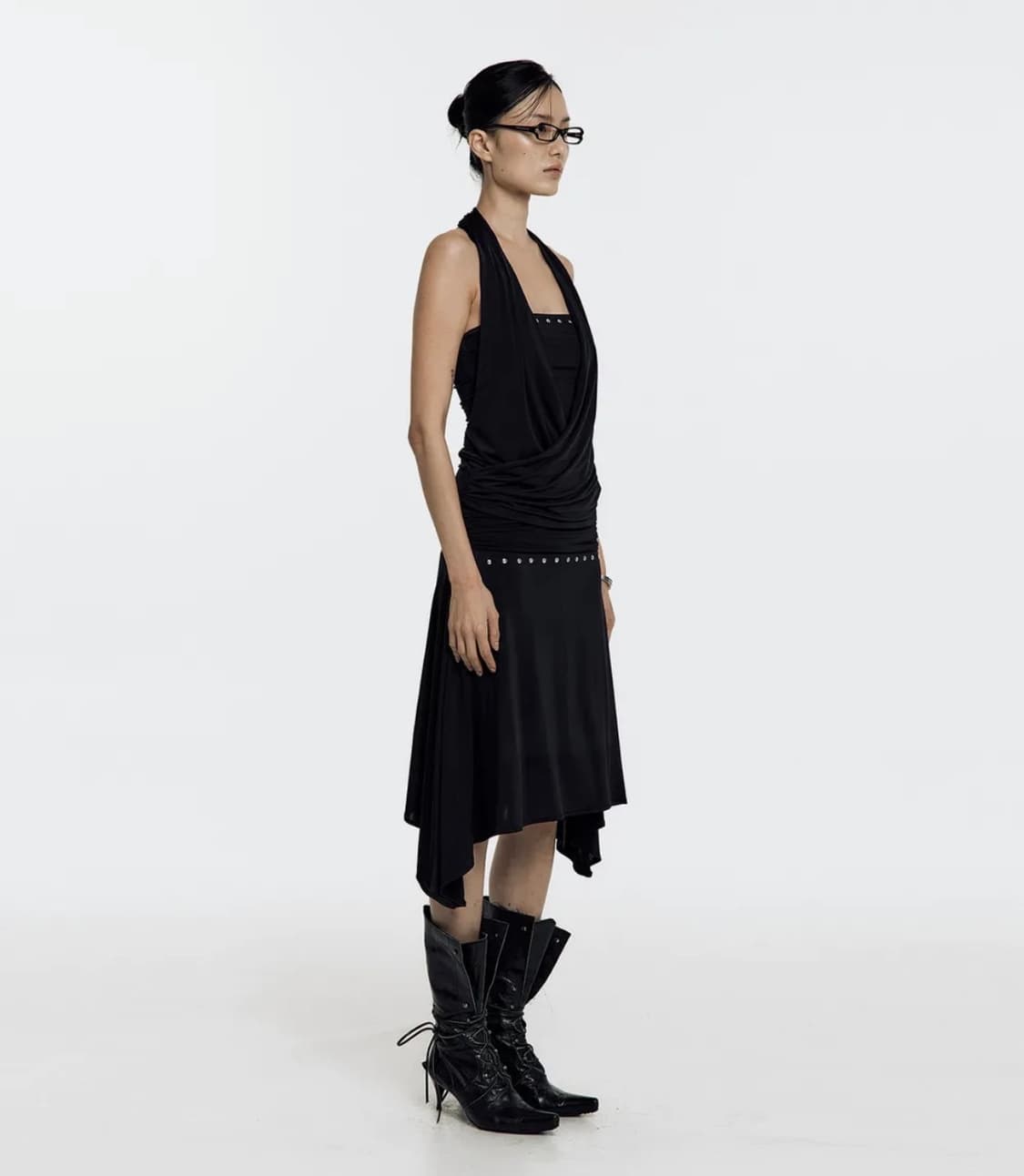 Stud Drape Flare Skirt Black 상품이미지2