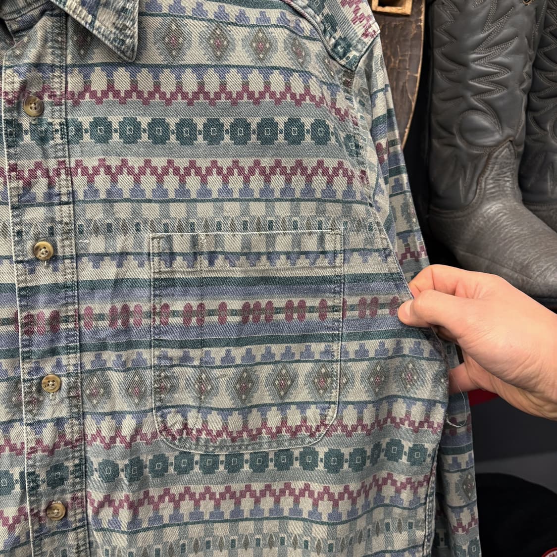 90s 울리치 러기드 올오버 아즈텍 패턴 그래픽 펜포켓 워크셔츠 N578 상품이미지5