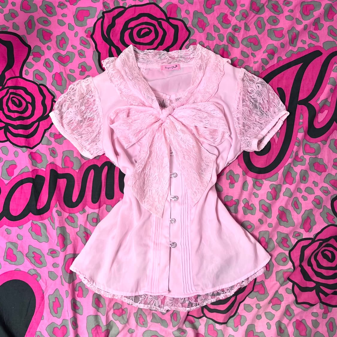 MA*RS마즈 딸기우유 연핑크 프릴레이스 리본 블라우스 탑 히메로맨틱갸루 상품이미지1