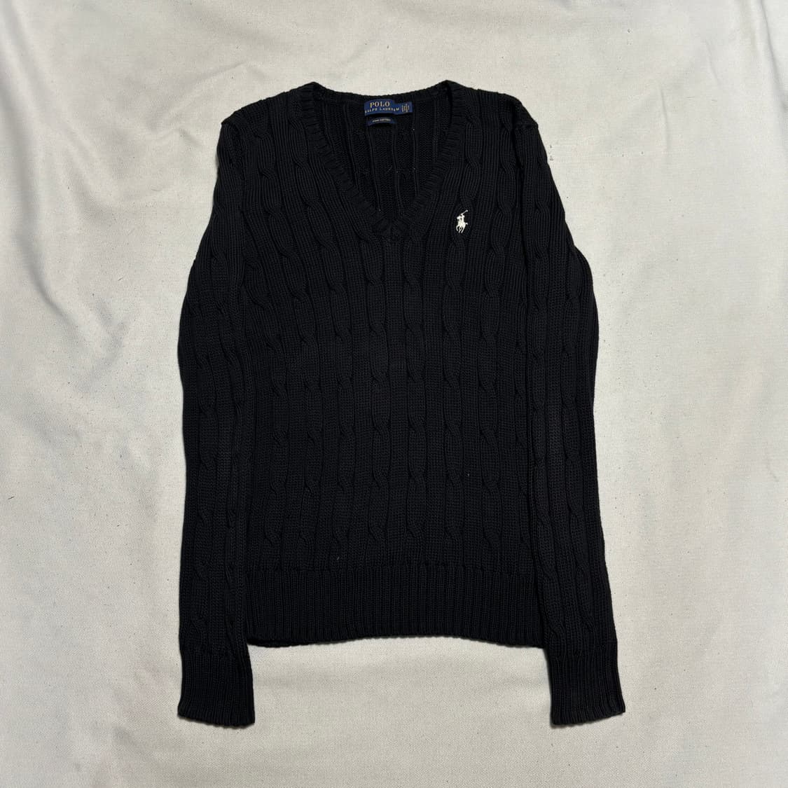 M 폴로랄프로렌 여성용 화이트 포니 브이넥 케이블 니트 상품이미지2