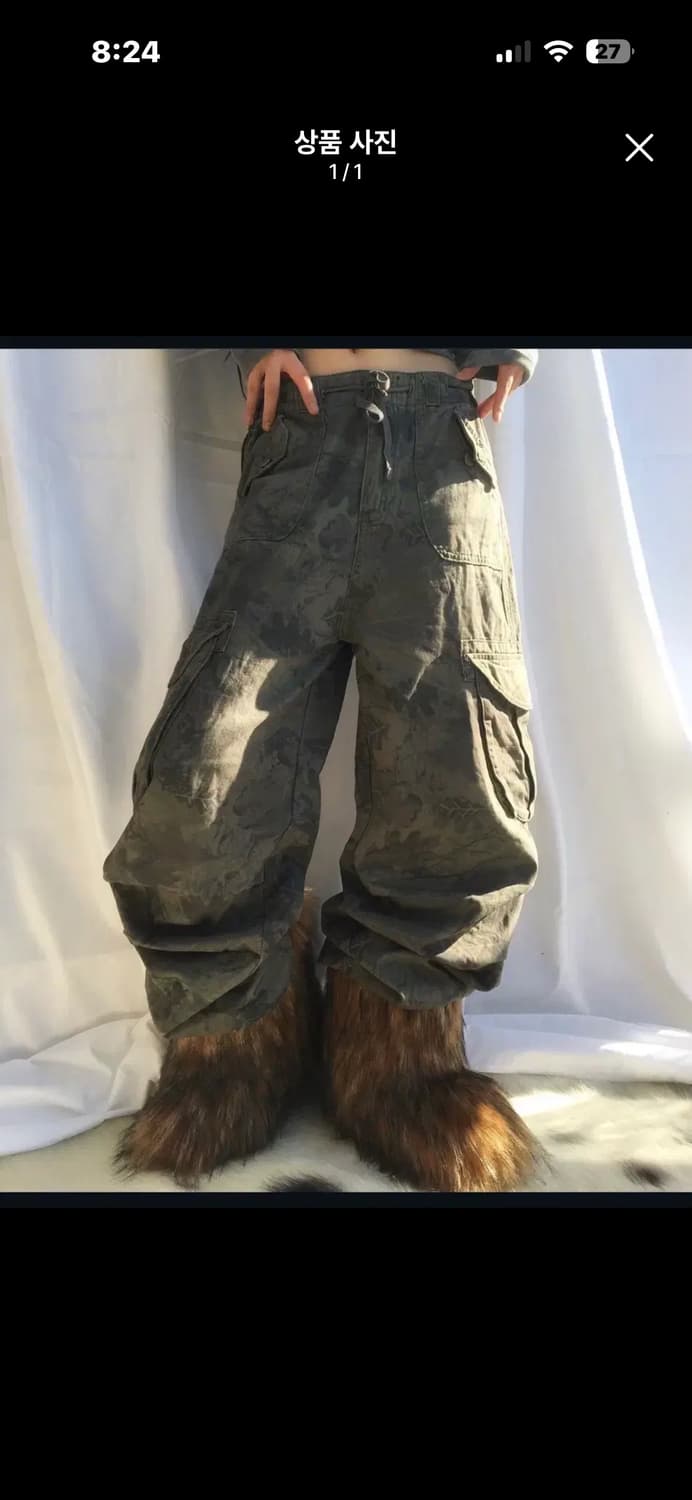 빈티지 카키 패턴 와이드 카고 팬츠 상품이미지1