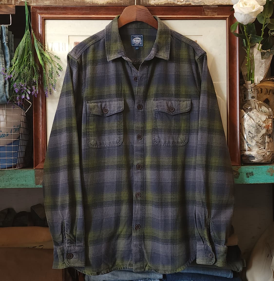 90s 아메리칸 빈티지 체크셔츠 헤비 플란넬 워크셔츠 퍼플 그린 m 상품이미지1