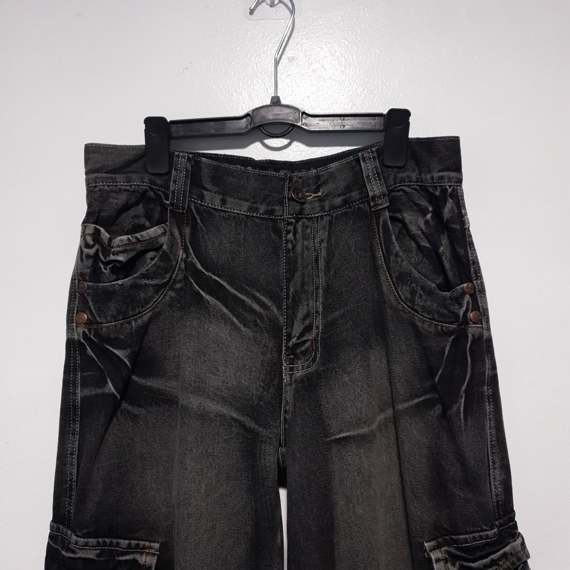 ENGEIN 엔게인 워싱 카고 멀티포켓 와이드 탄창 흑청 데님 팬츠 32 상품이미지2
