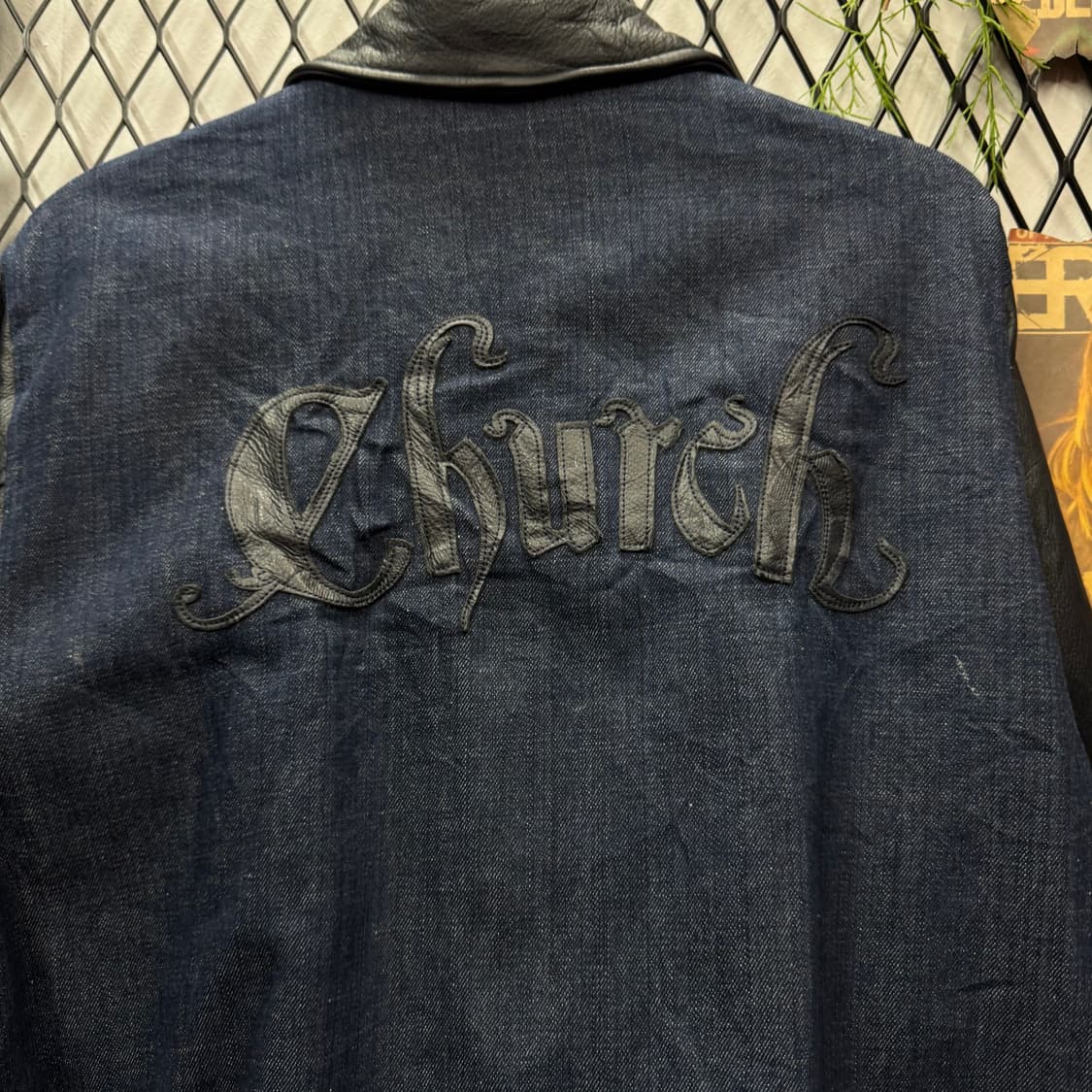 빈티지 데님 레더 바시티 자켓 후면 레더 레터링 포인트 블랙 상품이미지5