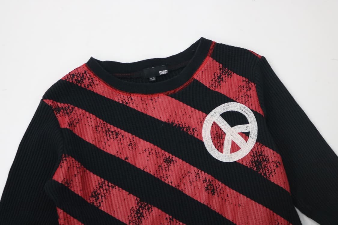 SAUCY 빈티지 펑크 스트라이프 피스 마크 와플 티셔츠 (150) 상품이미지3