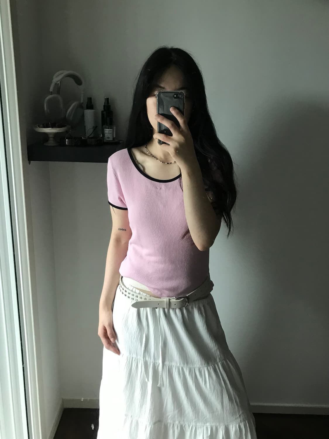 게스 자수 로고 핑크 골지 링거티 상품이미지1