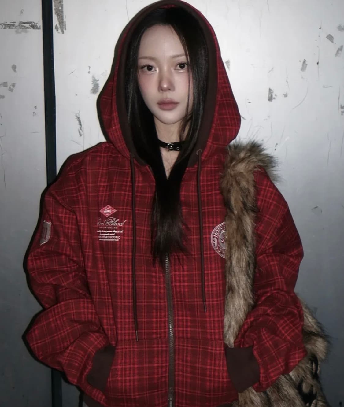 배드블러드 클래식 체크 후드 집업 - 레드 S 상품이미지1