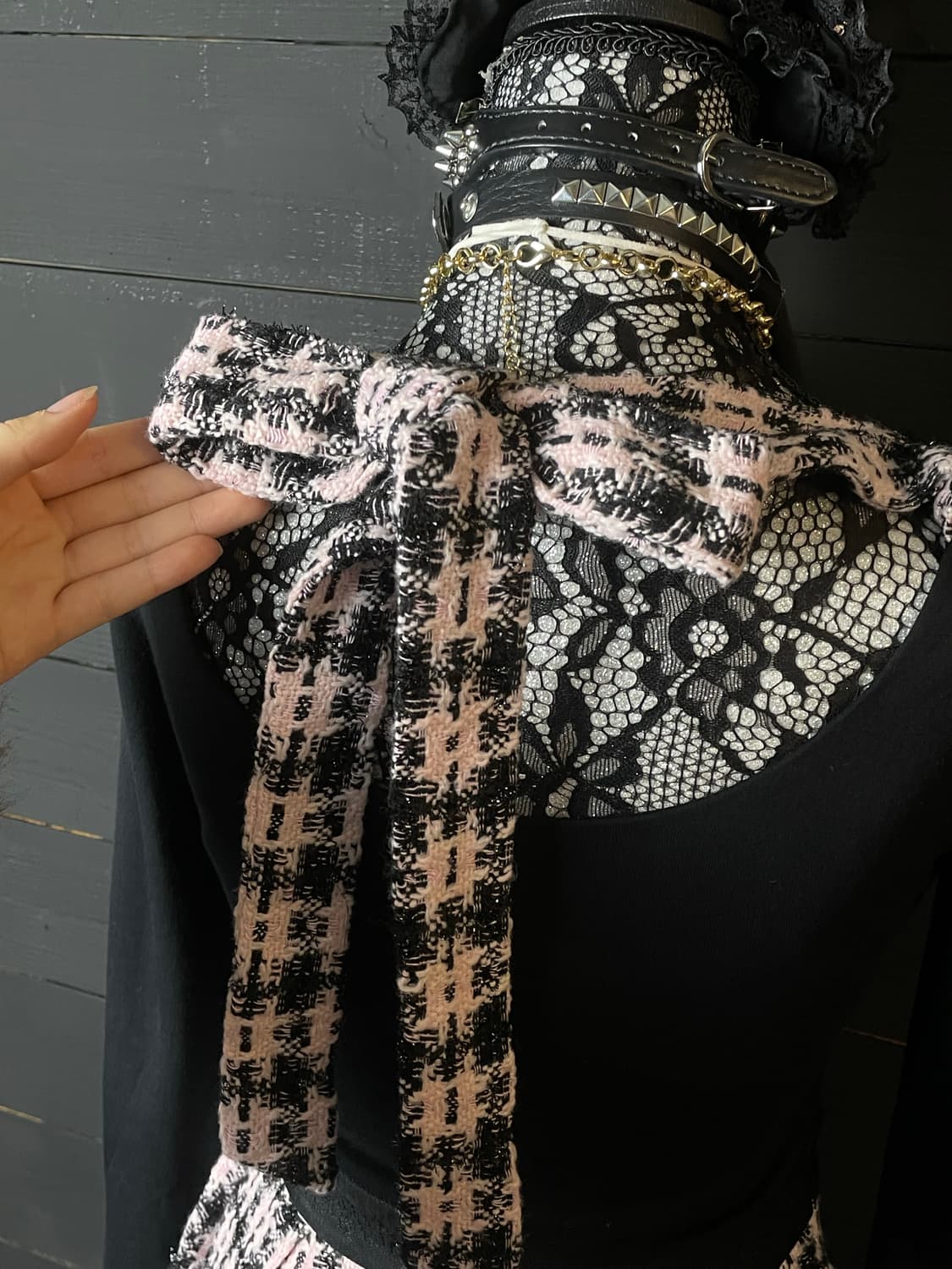 JPN 연핑크 히메갸루 트위드 블랙 리본 원피스 상품이미지6