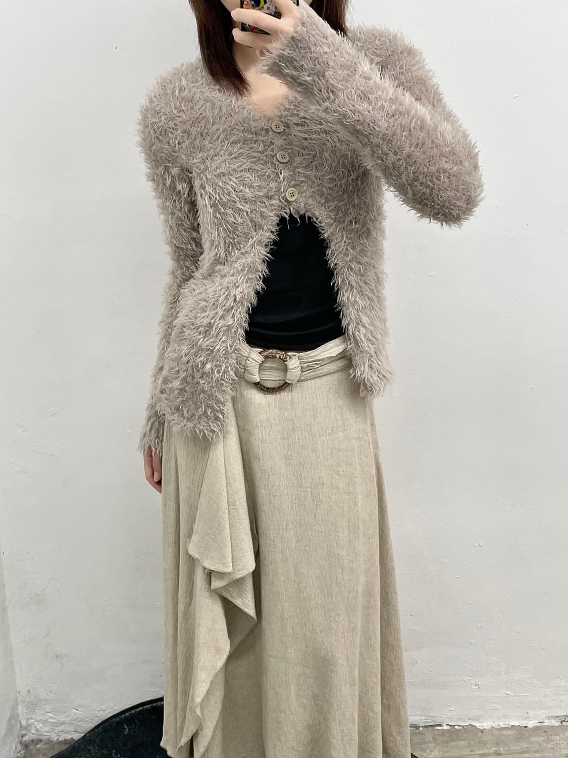 프릴 베이지 우드 스커트 상품이미지5