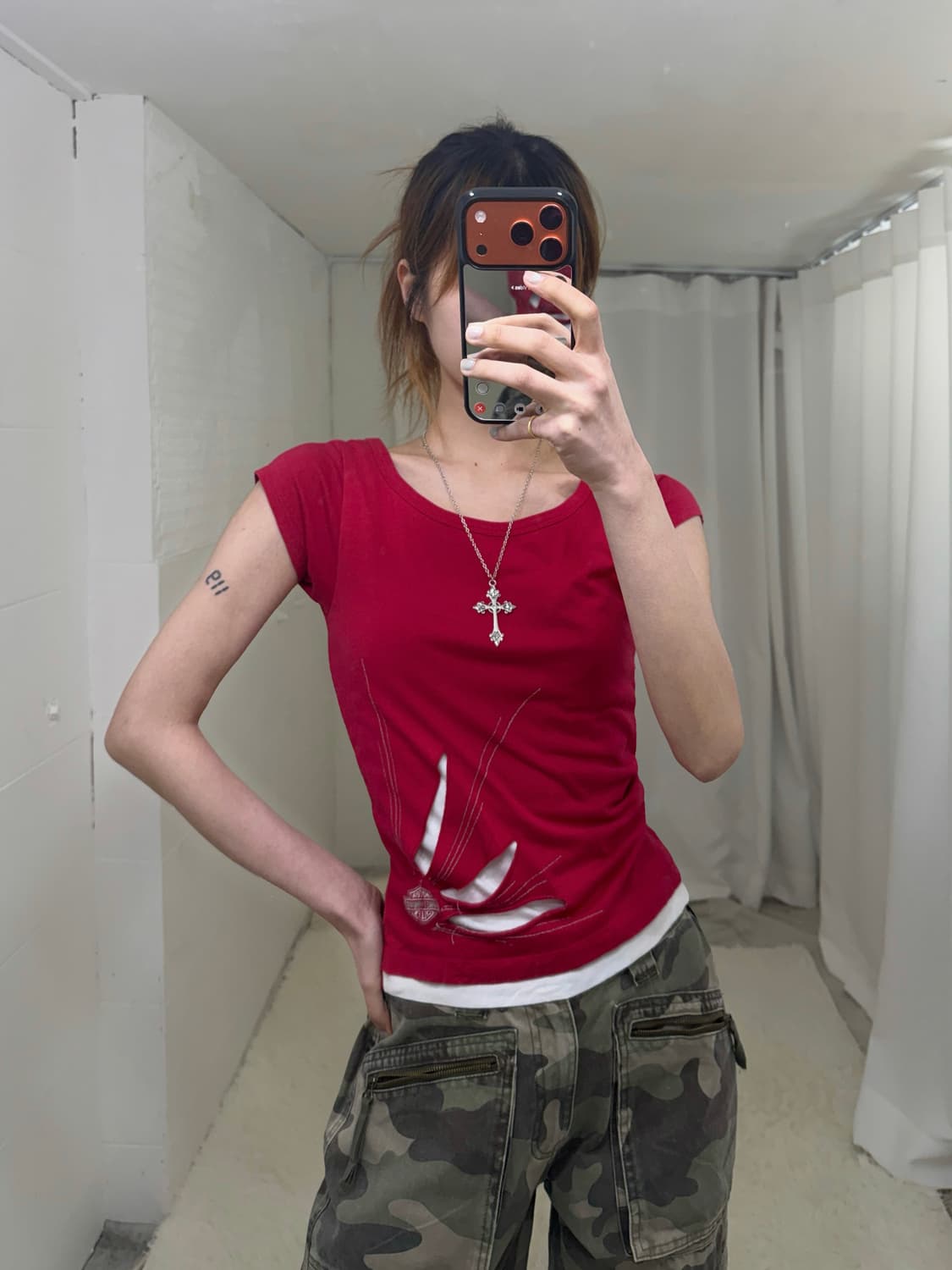 할리데이비슨 컷아웃 디테일 마젠타 핑크 딱붙 크롭 반팔티셔츠 상품이미지2