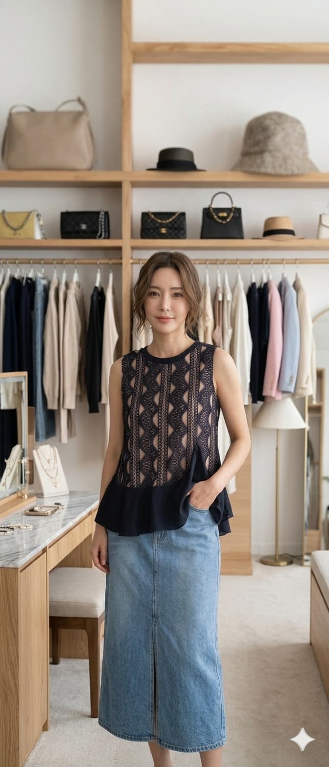 듀엘 레이스 프릴탑. 보브 데님스커트 상품이미지1