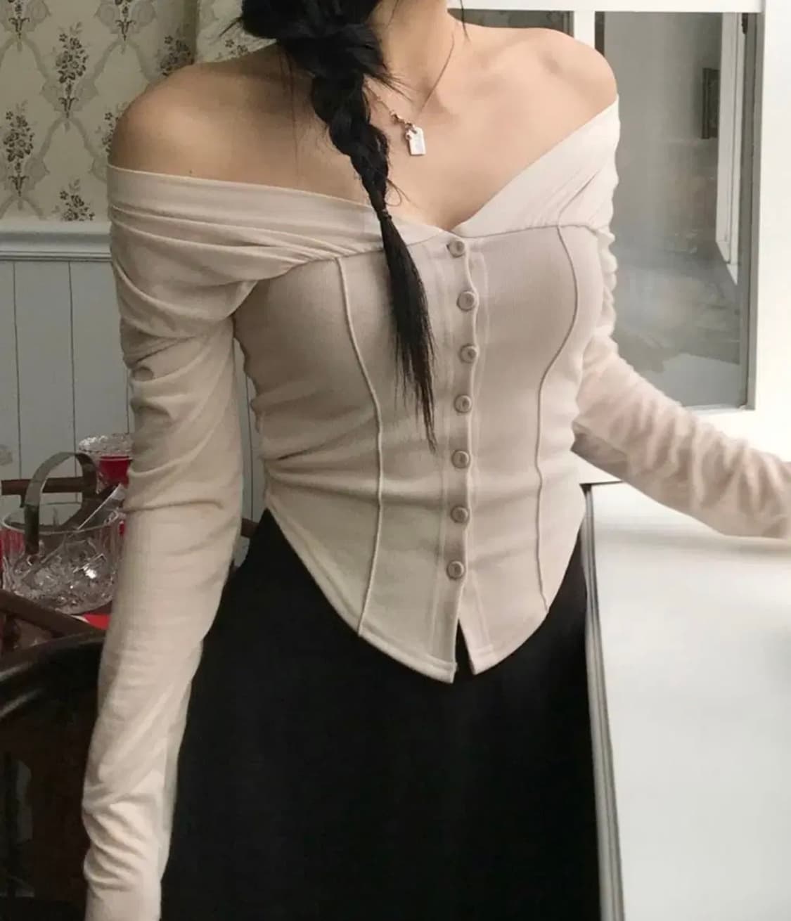 클라우드이모션 Made 아이보리 아이비 셔링 ivy 드레이프 긴팔티셔츠 상품이미지1