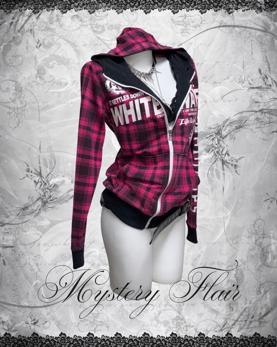 00s 갸루펑크 핫핑크 체크 레터링 후드집업 상품이미지1