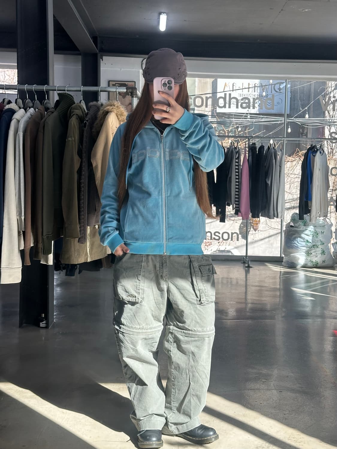 아디다스 블루 벨루어 셔링 후드집업 상품이미지2