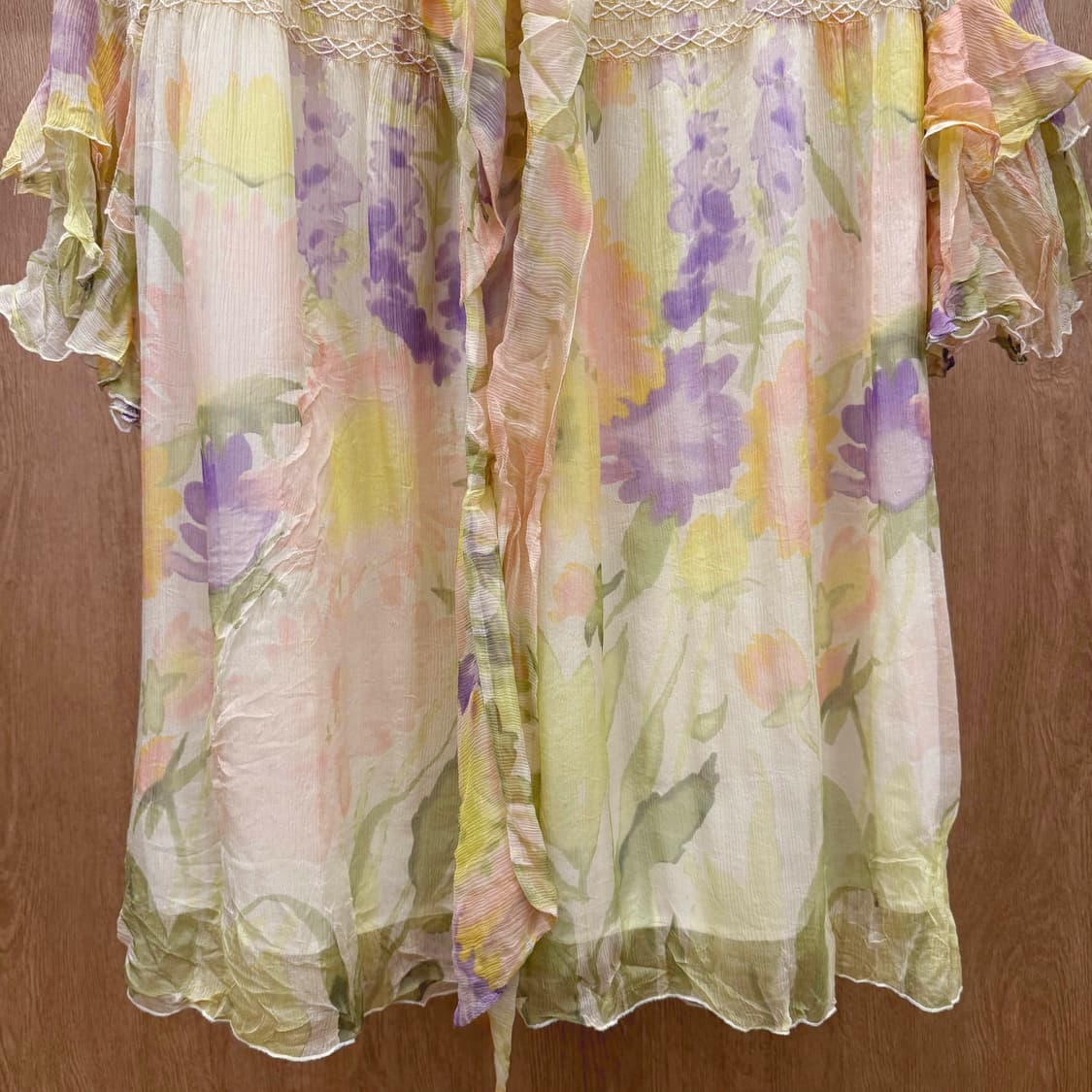 레드 발렌티노 플라워 타이 원피스 레이스 셔링 러플 소매 멀티컬러 상품이미지5