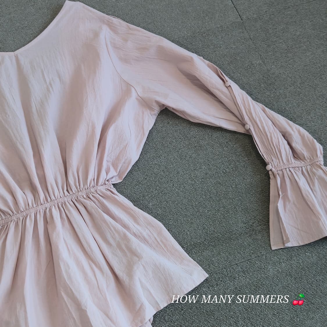 ​면 100% 연핑크 브이넥 리본 벨소매 블라우스 상품이미지8