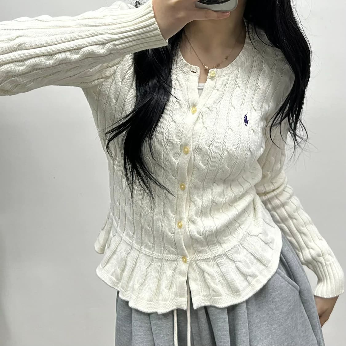 폴로 랄프로렌 화이트 케이블 프릴 핀터깔 니트 가디건(XL) 상품이미지1