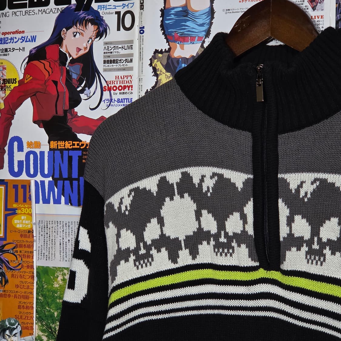 빈티지 펑크 해골 패턴 반집업 니트 상품이미지3