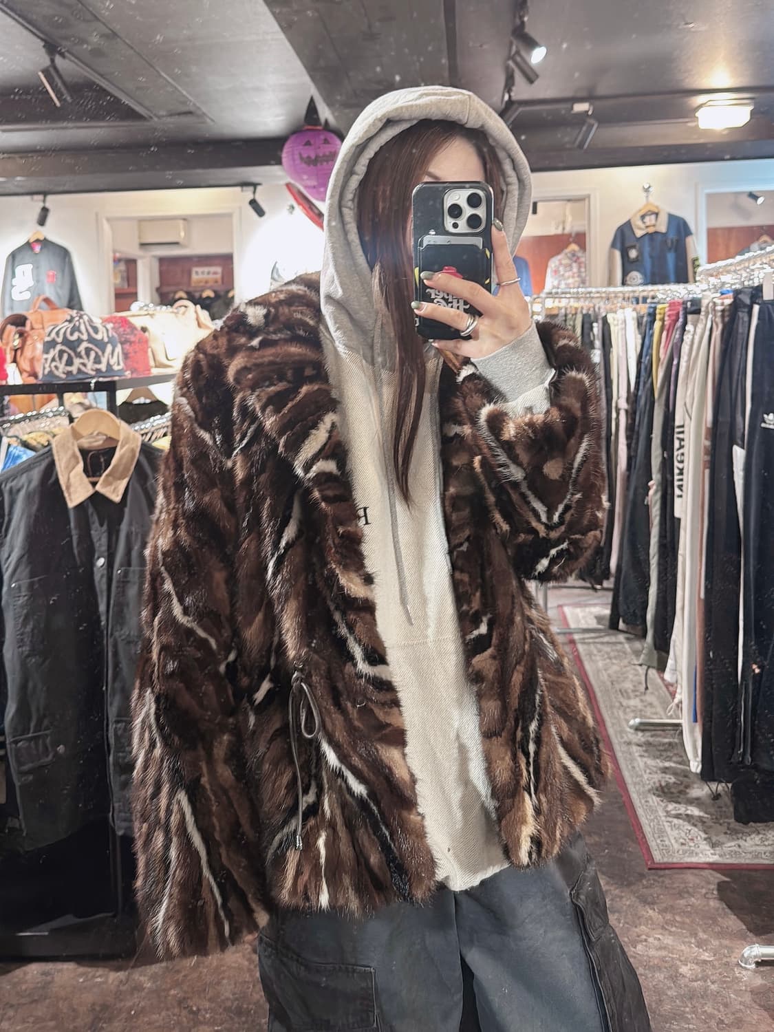 빈티지 리얼 밍크 카모 브라운 퍼 셔링 코트 자켓 상품이미지7