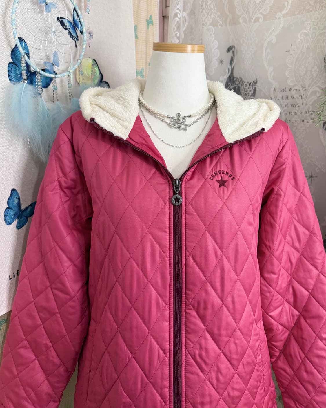 컨버스 핑크 퀼팅 후드 점퍼 상품이미지3