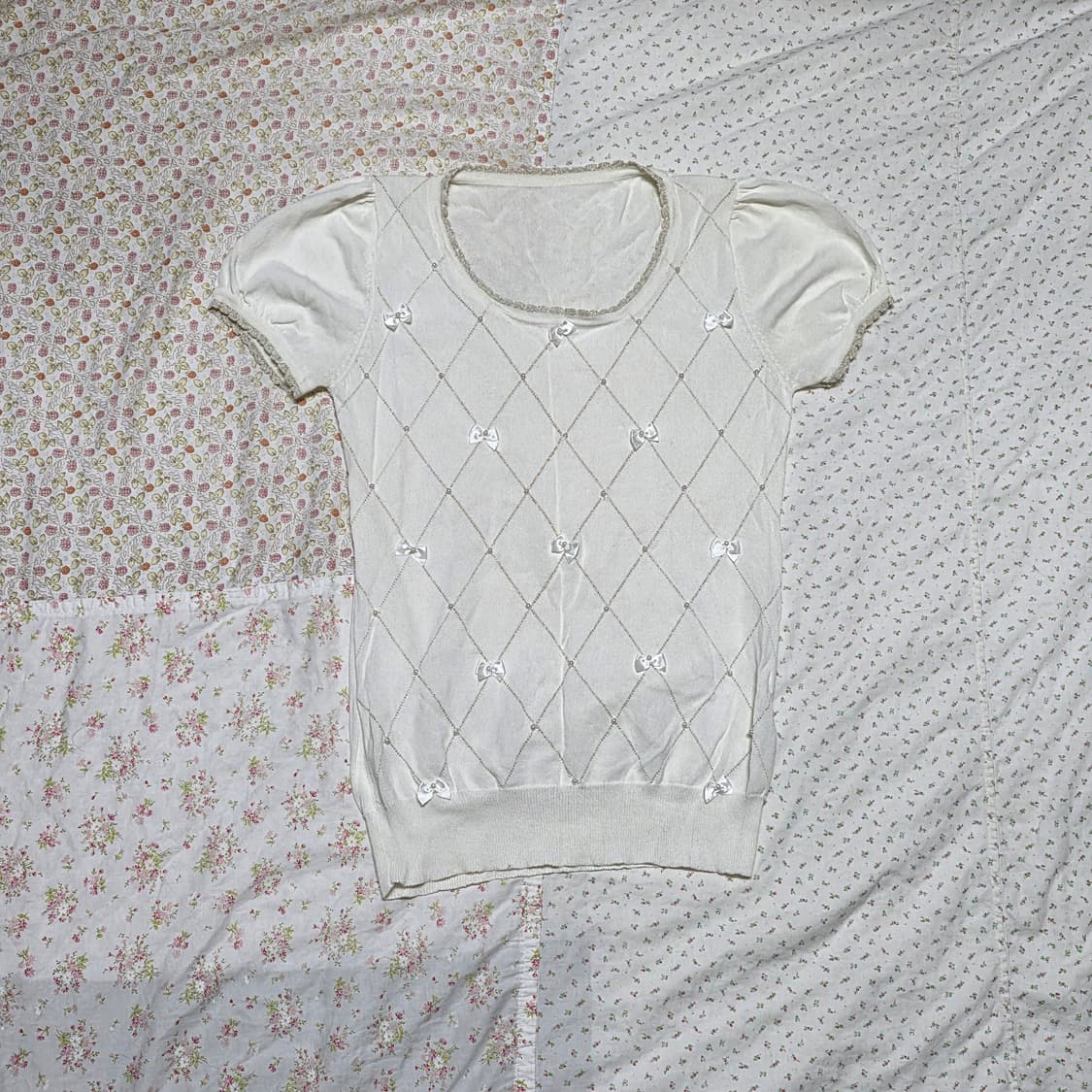 빈티지 아가일 로걀 레이스 리본 로걀탑 히메갸루 리즈리사깔 상품이미지2