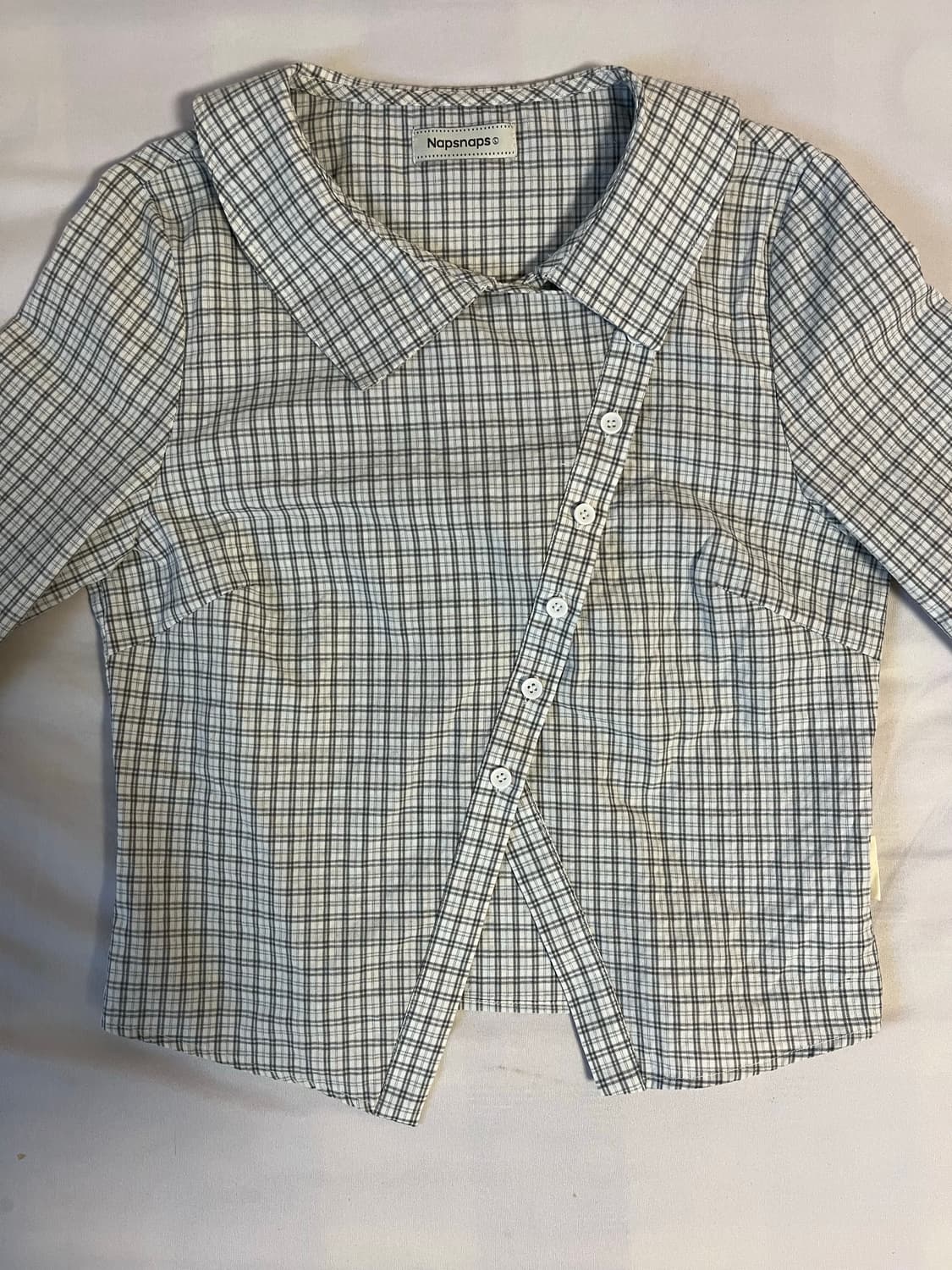 TAKEANAP napsanaps 체크 셔츠 크롭 리본 그레이 언발 상품이미지3