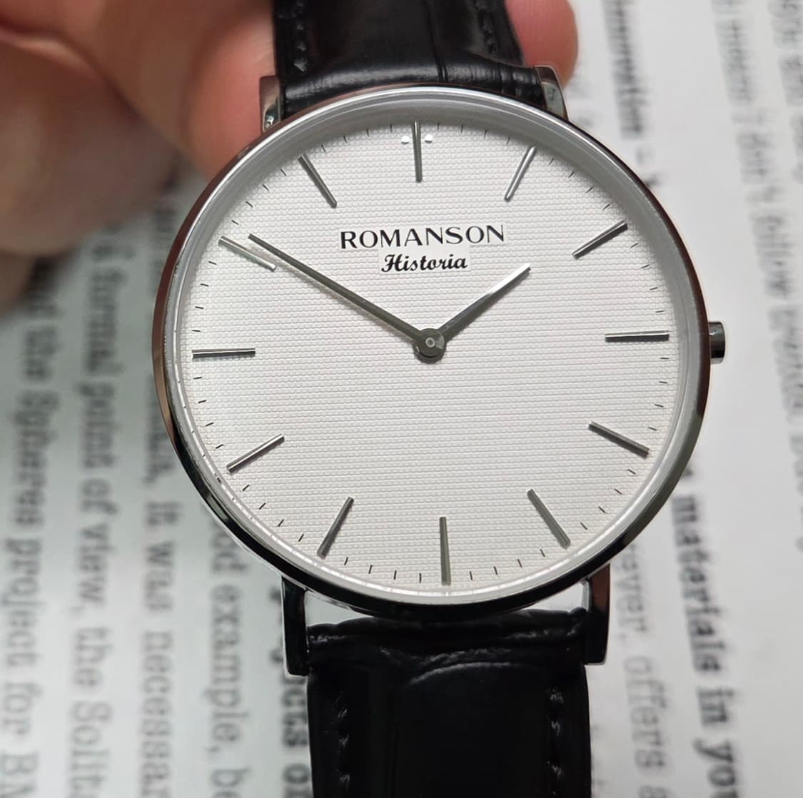 빈티지 로만손 화이트 와플 다이얼 슬림쿼츠 드레스워치 남성용 상품이미지1