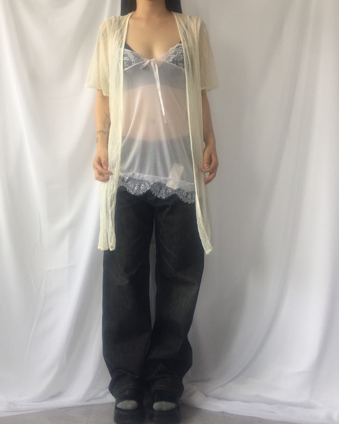 Pattern lace point open long cardigan 상품이미지5