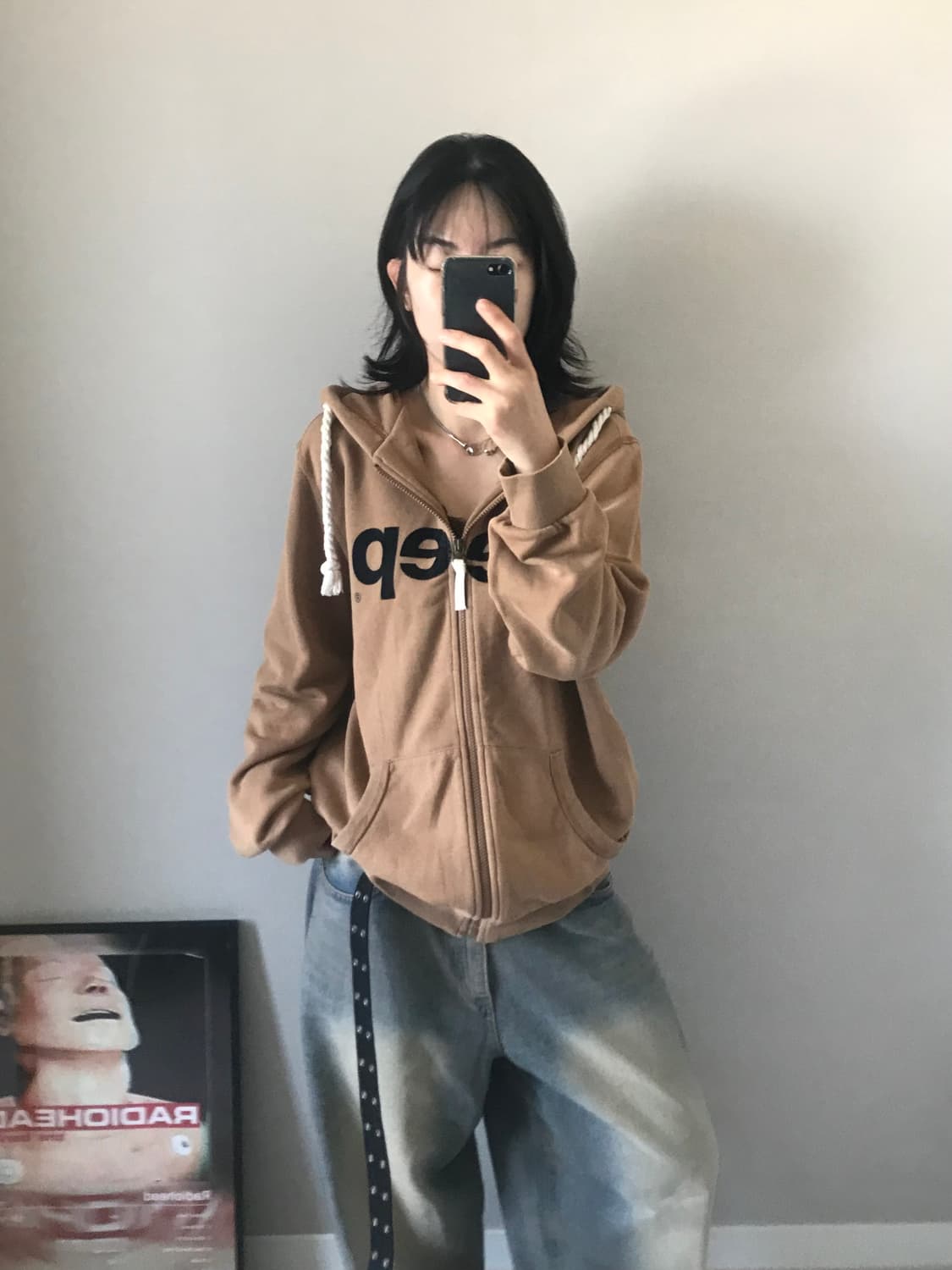 지프 중앙 로고 써멀 카멜 후드집업 상품이미지3