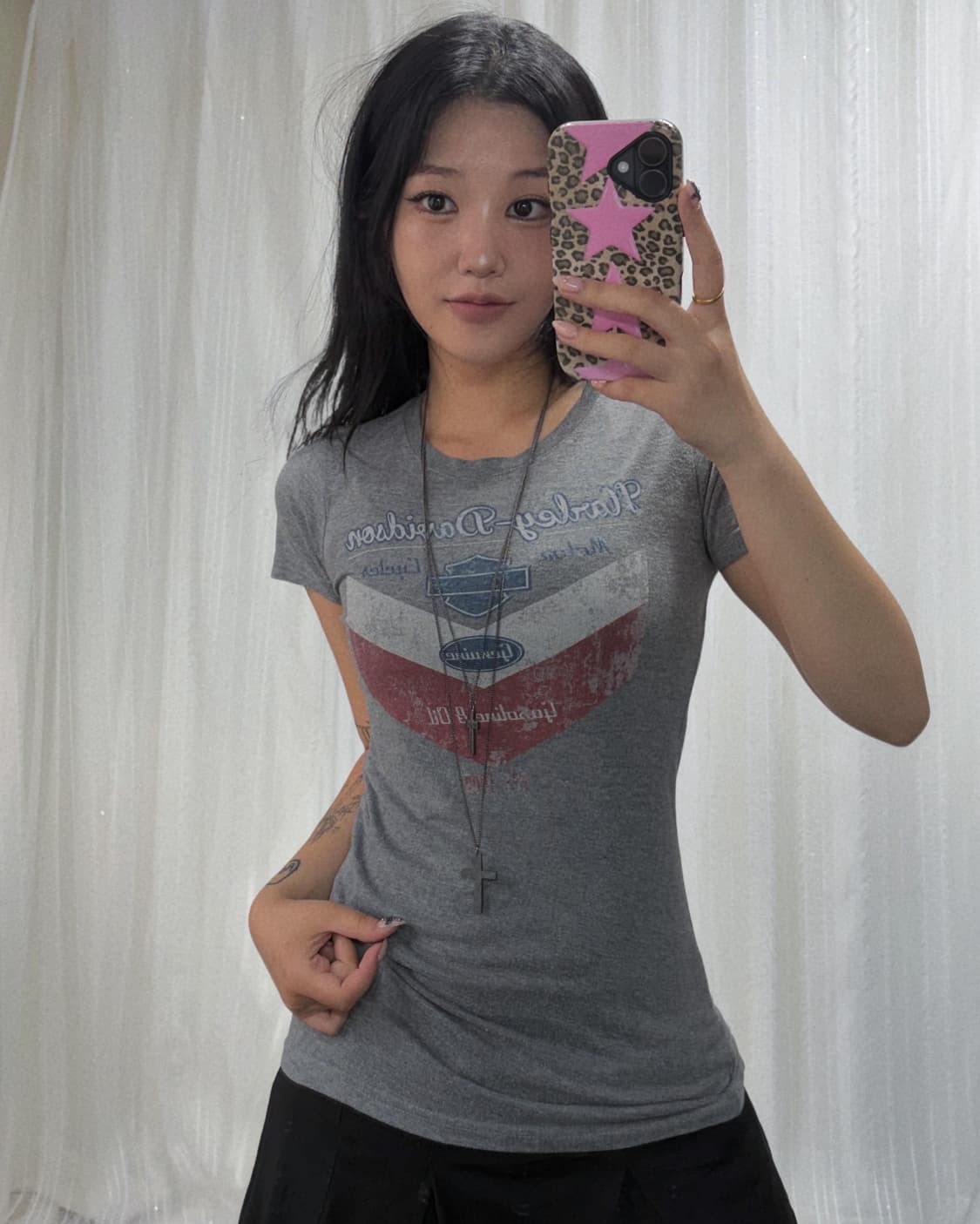 할리데이비슨 그레이 레터링 반팔 탑 상품이미지1